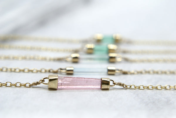 Crystal Bar necklaces, 14k gold