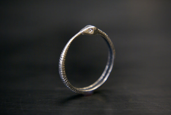 Silver Ouroboros ring- diamond eyes