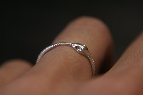 Silver Ouroboros ring- diamond eyes